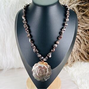 Beautiful, vintage, carved shell pendant, weighted stone costume necklace
